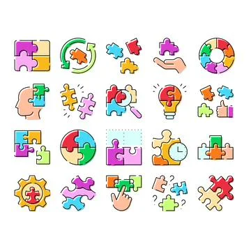 Solving business problems with jigsaw puzzle icons Stockillustratie