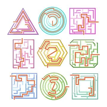Solving colorful maze games presenting puzzle challenges 库存插图