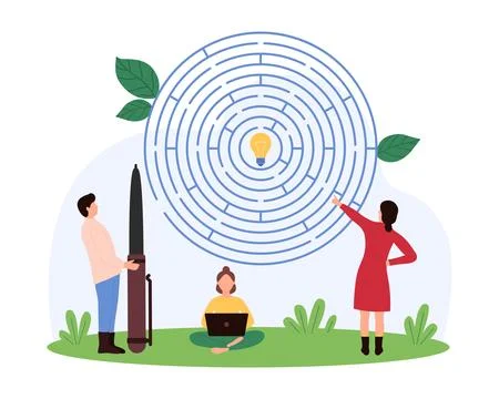 Solving complex problem, business communication and brainstorm on riddle of tiny Illustrazione stock