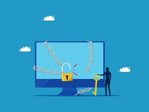 Solving data system problems. Businessman uses key to unlock Illustrazione stock