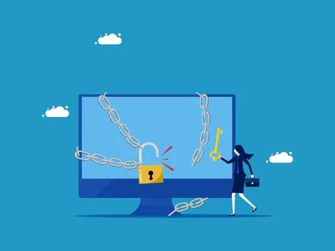 Solving data system problems. Businesswoman uses key to unlock Stock Illustration
