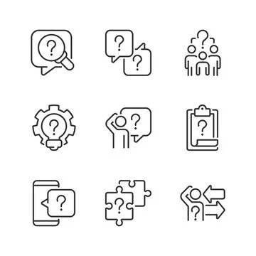 Solving different questions linear icons set 스톡 일러스트