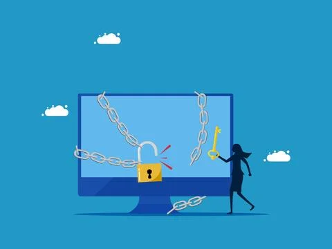 Solving information system problems. Businesswoman uses key to unlock 스톡 일러스트