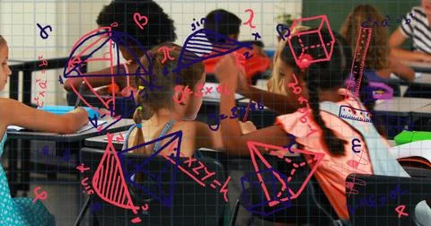 Solving math problems six students wearing school clothes at classroom desks, Stock Photos