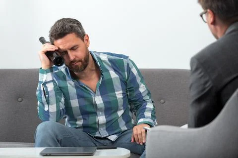 Solving problem, alcohol addiction, drunk man and alcohol abuse. Psychology Stock Photos