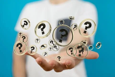 Solving problem with digital question marks 3D rendering in a man's hand Stock Photos