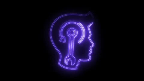 Solving problems abstract concept neon style head profile with wrench and r.. Stock Footage 312331087