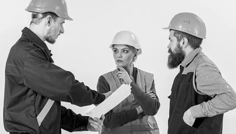 Solving problems concept. Builder and engineer found out Stockfoto's