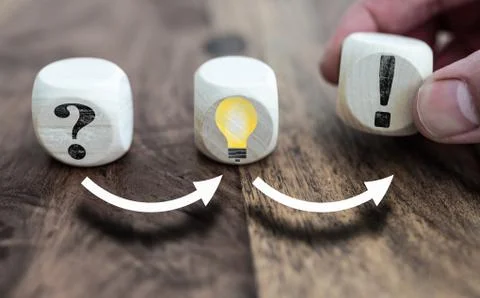 Solving problems concept with question mark, light bulb symbolizing an idea and Stockfoto's
