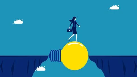 Solving problems with intelligence. Businesswoman crossing the cliff with lig Stock Illustration