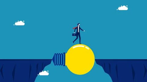 Solving problems with knowledge. Businessman crossing the cliff with light bu Illustrazione stock