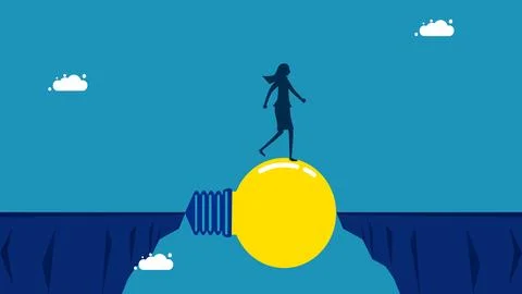 Solving problems with knowledge. Businesswoman crossing the cliff with light  イラスト素材