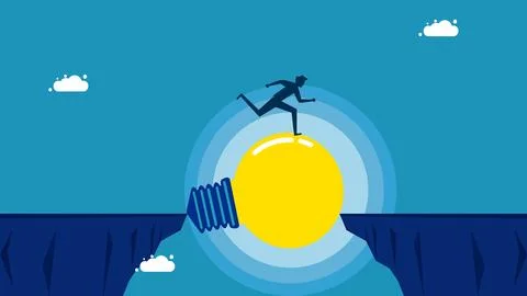 Solving problems with wisdom. Businessman running over cliff with light bulb  Stock Illustration