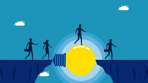 Solving problems with wisdom. team of businessmen cross the cliff on lightbul Illustrazione stock