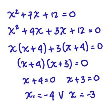 Solving quadratic equations by factoring. Algebra, calculus senior high. Stock Illustration