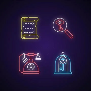 Solving quest neon light icons set Stock-Illustration