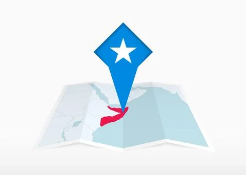 Somalia is depicted on a folded paper map and pinned location marker with f.. Stock Illustration
