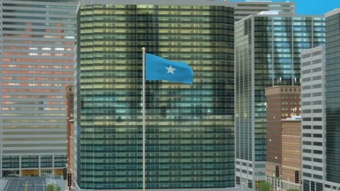 Somalia Flag 3D Render Animation on Pole with Modern Business District Build Video stock 332877927