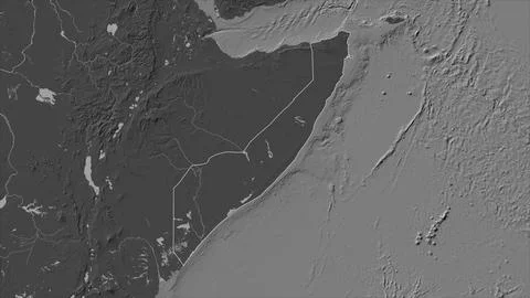 Somalia Mainland outlined on a Bilevel elevation map with lakes and rivers Illustrazione stock