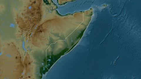 Somalia Mainland outlined on a Colored elevation map with lakes and rivers 库存插图