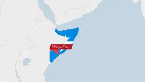 Somalia map highlighted in Somalia flag colors and pin of country capital Mog Stock Footage 125782764