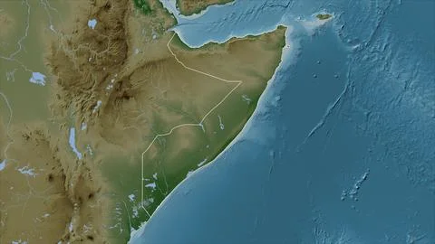 Somalia outlined on a Pale colored elevation map with lakes and rivers Illustrazione stock