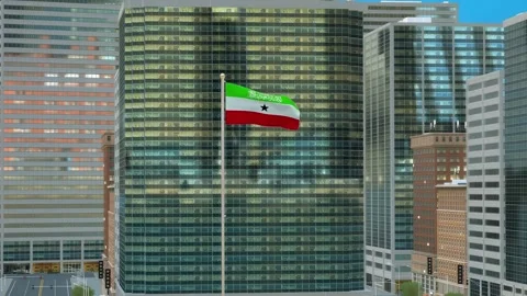 Somaliland Flag 3D Render Animation on Pole with Modern Business District Bu Video stock 332878056