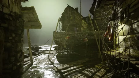 Somber harbor scene featuring abandoned boat and tangled gear Stock Footage 341826572