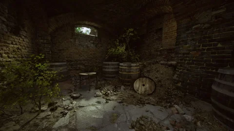 Somber subterranean space adorned with dusty barrels and dim lighting Stock Footage 339630354
