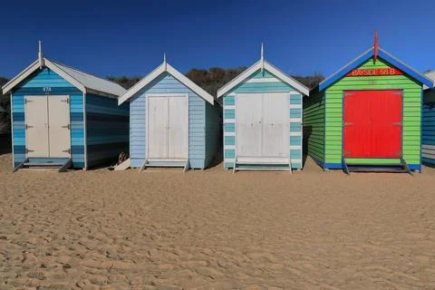 Some of the 82 Victorian bathing boxes, Dendy St.Beach, Brighton. Melbourne-AUS Stock Photos