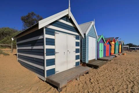 Some of the 82 Victorian bathing boxes, Dendy St.Beach, Brighton. Melbourne-AUS Stock Photos