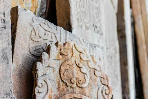 Some antique tablets with interesting textures on them at a church at ephesus Stock Photos