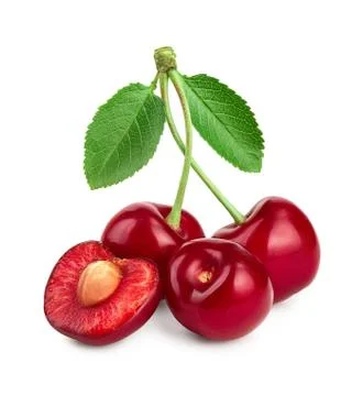 Some cherries with leaf and cut closeup isolated on white background Foto stock