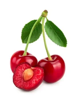 Some cherries with leaf and cut closeup isolated on white background Foto stock