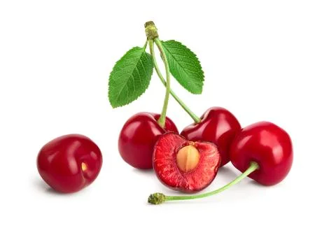 Some cherries with leaf and cut closeup isolated on white background Foto stock
