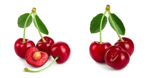 Some cherries with leaf and cut closeup isolated on white background Foto stock