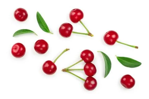 Some cherries with leaf closeup isolated on white background. Top view. Flat lay Foto stock