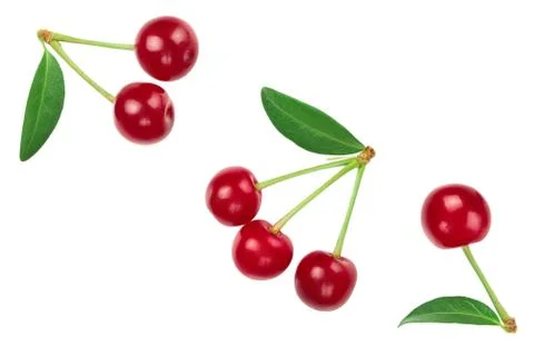 Some cherries with leaf closeup isolated on white background. Top view. Flat lay Foto stock