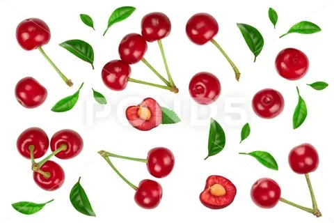 Some cherries with leaf closeup isolated on white background. With copy space Stock Photos