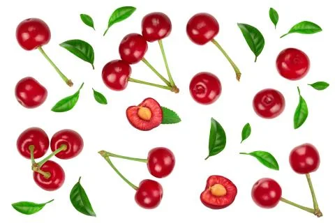 Some cherries with leaf closeup isolated on white background. With copy space Stock Photos