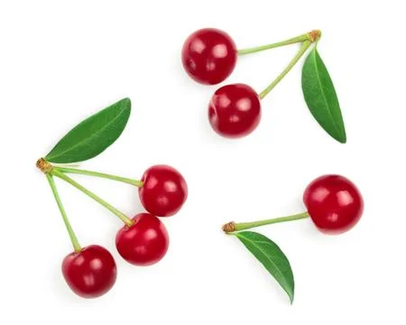 Some cherries with leaf closeup isolated on white background. Top view. Flat lay Foto stock