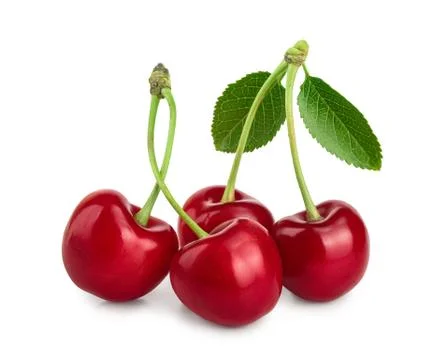 Some cherries with leaf closeup isolated on white background Foto stock