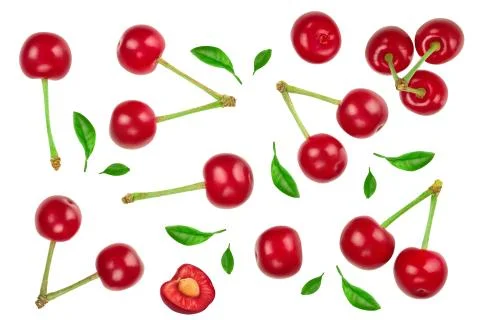 Some cherries with leaf closeup isolated on white background. Top view. Flat lay Foto stock