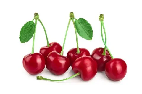 Some cherries with leaf closeup isolated on white background Foto stock