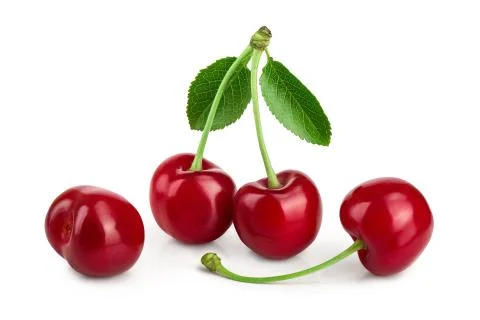 Some cherries with leaf closeup isolated on white background Foto stock