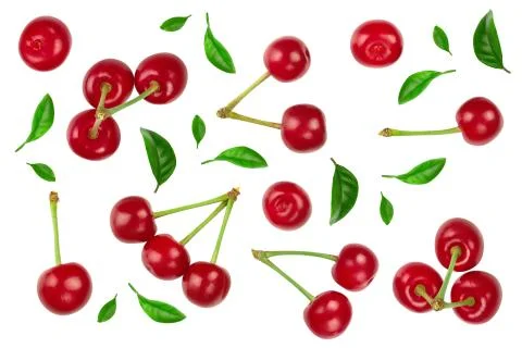 Some cherries with leaf closeup isolated on white background. Top view. Flat lay Foto stock