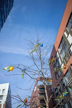 Some colorful easter eggs hanging on a tree in big city Stock Photos