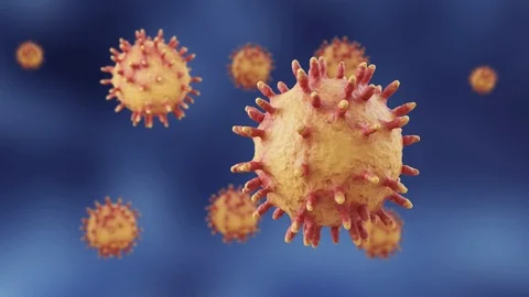 Some conoraviruses in yellow and red color under microscope. 3D rendered. Stock Footage