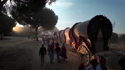 Some Devotees walk in reverent silence as the gilded cart crosses the forest Stock-Footage 324690154
