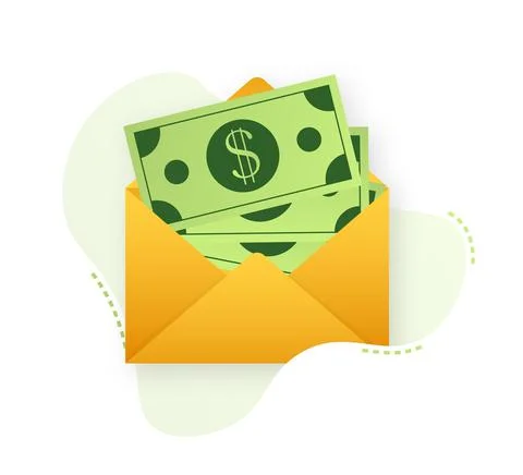 Some dollar bills in white envelope. Send money concept. Vector illustration. Illustrazione stock